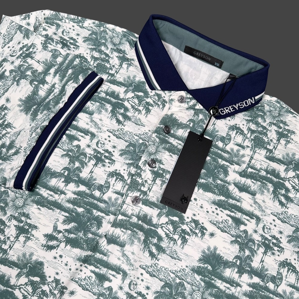 New Greyson Mystic Marsh Toile Polo Men XXL Arctic Green White Short Sleeve Logo